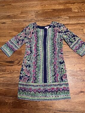 Lilly Pulitzer Rylee 3/4 Sleeve Silk Shift Dress Sz 2 Navy Not Too Catty